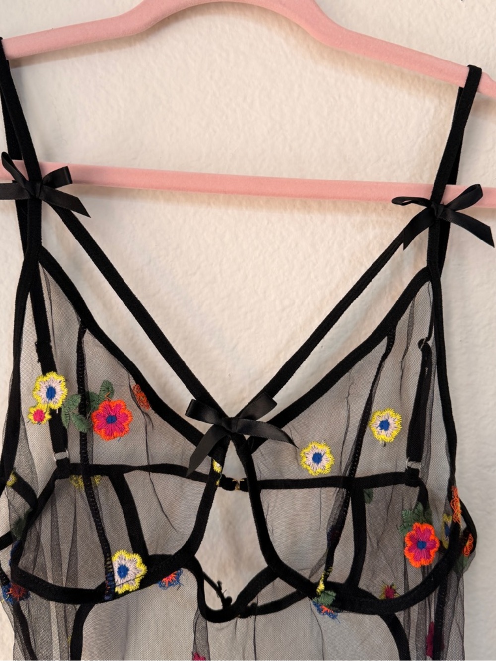 Sheer Black Floral Embroidered Babydoll Dress Lingerie Mesh Fairy Coquette XL - Picture 3 of 12